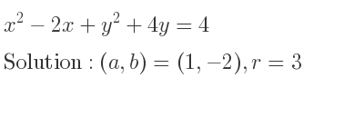 The solution to x^2-2x+y^2+4y=4 is Circle with (a,b)=(1,-2),r=3